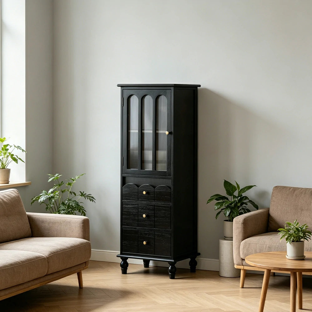 LIVARA Solid Wood Storage Side Cabinet with Fluted Glass Single Door for Living Room Dining Room Entryway - Black