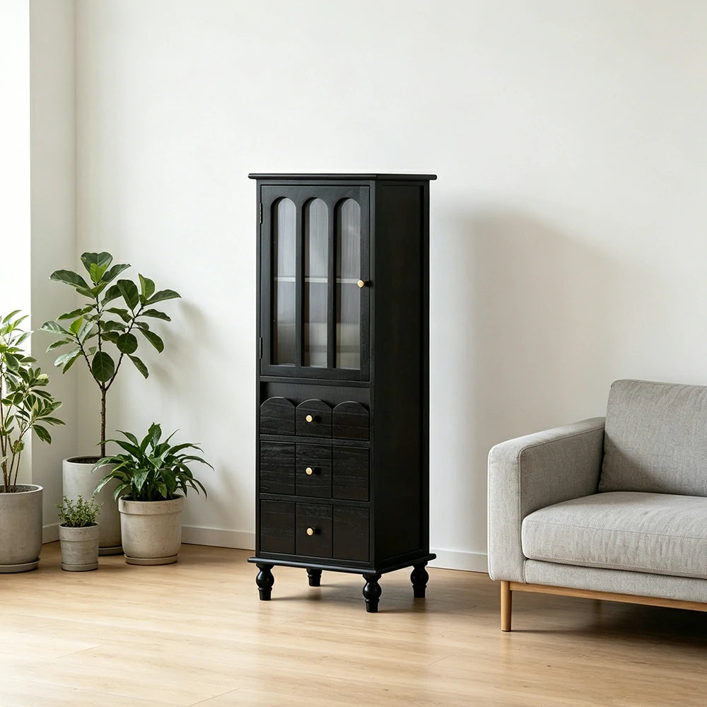 LIVARA Solid Wood Storage Side Cabinet with Fluted Glass Single Door for Living Room Dining Room Entryway - Black