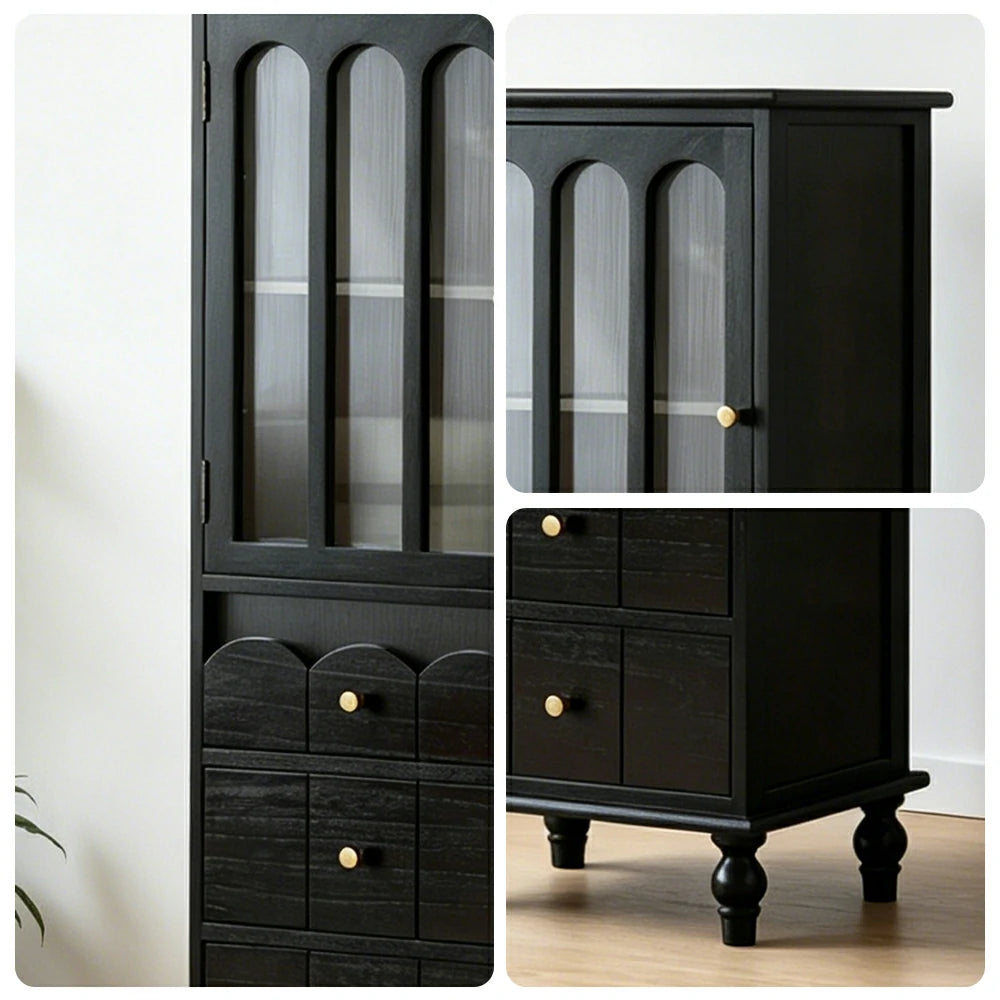 LIVARA Solid Wood Storage Side Cabinet with Fluted Glass Single Door for Living Room Dining Room Entryway - Black