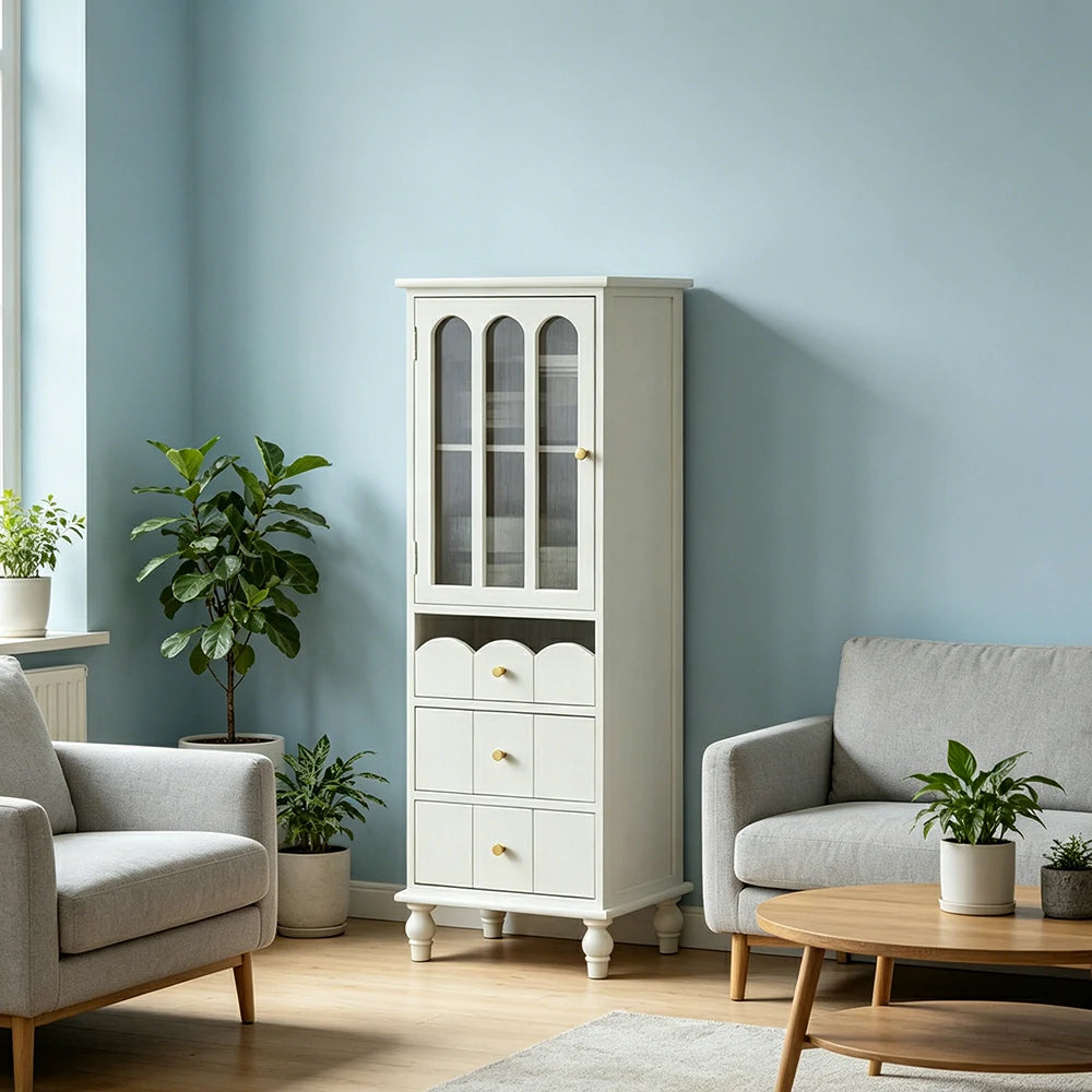 LIVARA Solid Wood Storage Side Cabinet with Fluted Glass Single Door for Living Room Dining Room Entryway - White