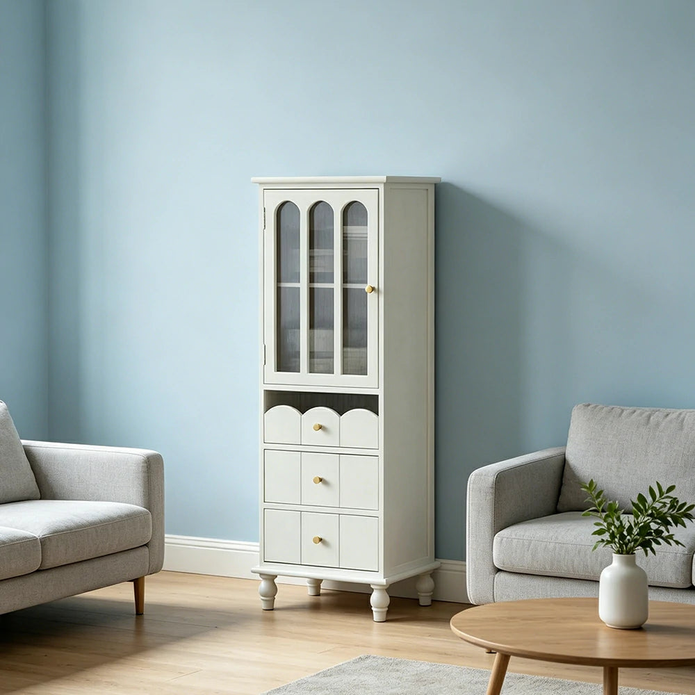 LIVARA Solid Wood Storage Side Cabinet with Fluted Glass Single Door for Living Room Dining Room Entryway - White