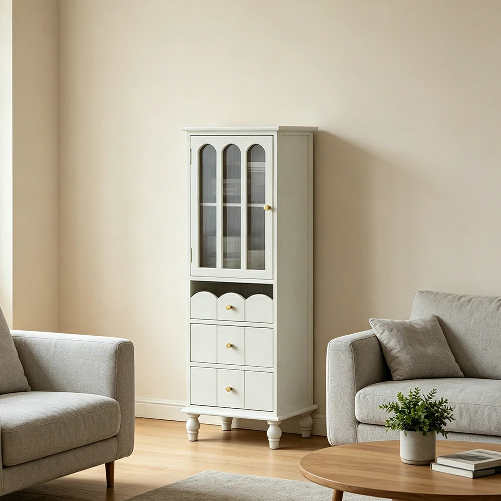 LIVARA Solid Wood Storage Side Cabinet with Fluted Glass Single Door for Living Room Dining Room Entryway - White