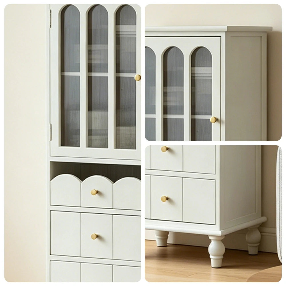 LIVARA Solid Wood Storage Side Cabinet with Fluted Glass Single Door for Living Room Dining Room Entryway - White