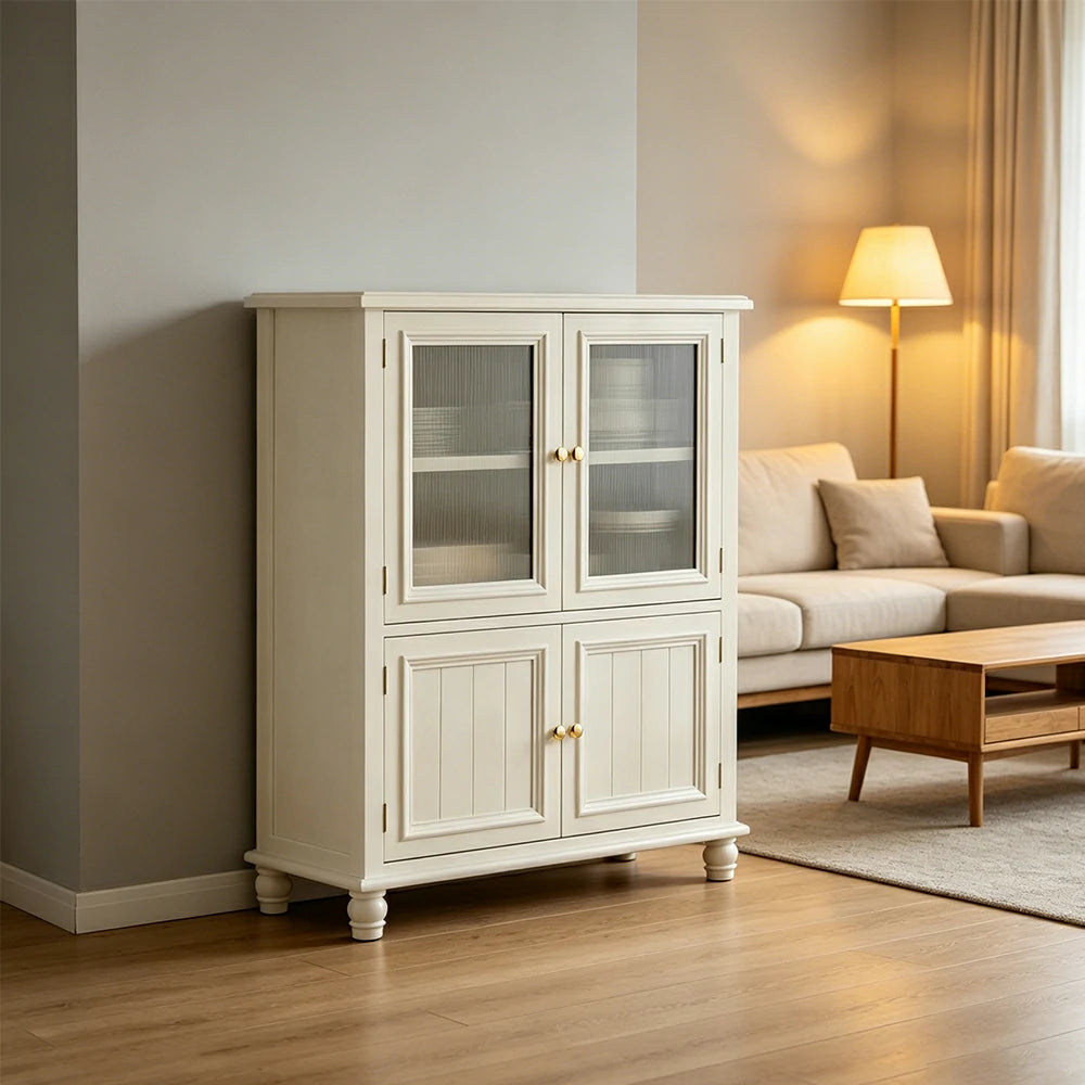 LIVARA Solid Wood Storage Side Cabinet with Fluted Glass Four Doors for Living Room Dining Room Entryway - White