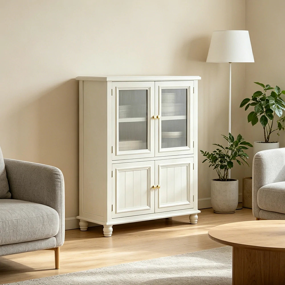 LIVARA Solid Wood Storage Side Cabinet with Fluted Glass Four Doors for Living Room Dining Room Entryway - White