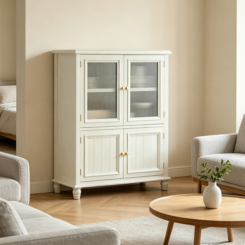 LIVARA Solid Wood Storage Side Cabinet with Fluted Glass Four Doors for Living Room Dining Room Entryway - White