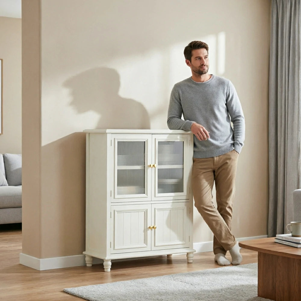 LIVARA Solid Wood Storage Side Cabinet with Fluted Glass Four Doors for Living Room Dining Room Entryway - White