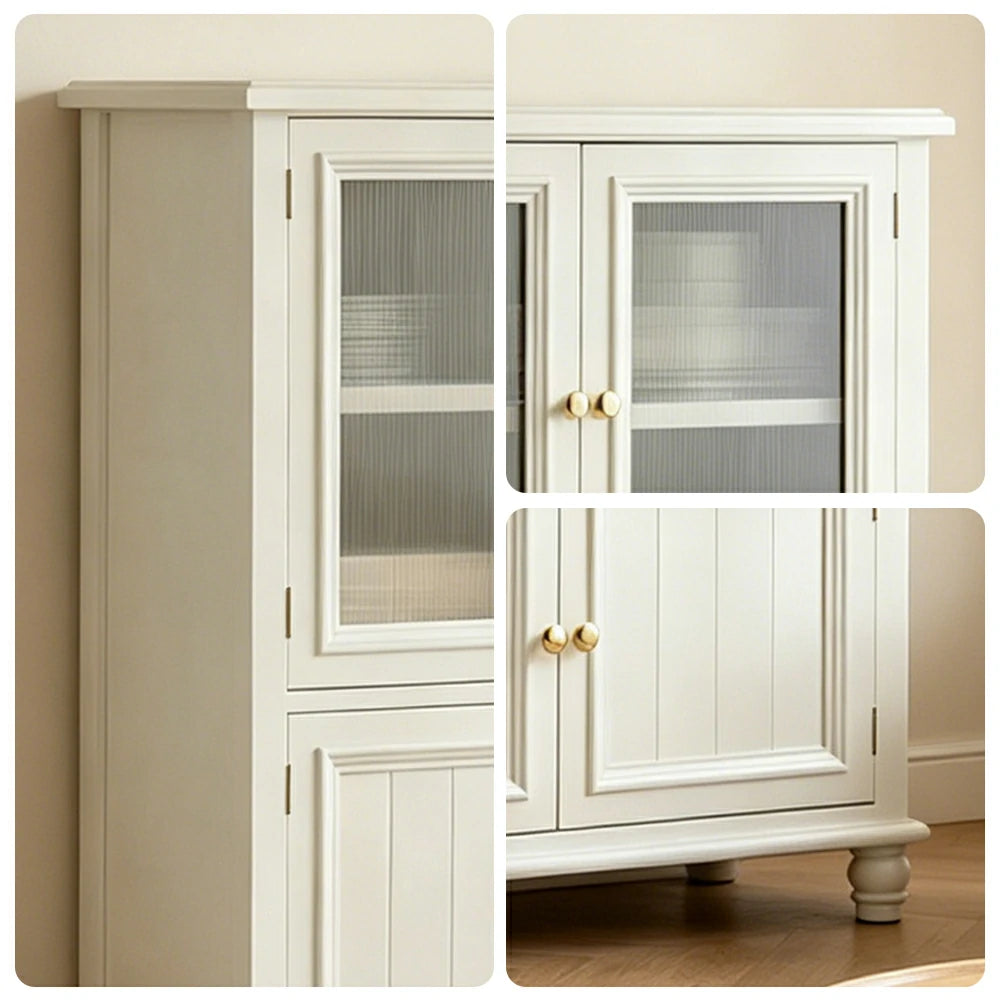 LIVARA Solid Wood Storage Side Cabinet with Fluted Glass Four Doors for Living Room Dining Room Entryway - White