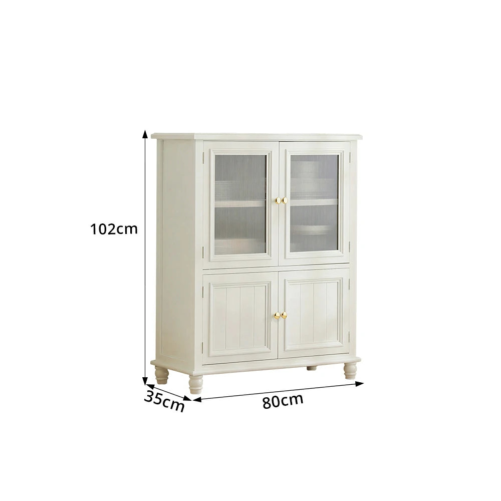 LIVARA Solid Wood Storage Side Cabinet with Fluted Glass Four Doors for Living Room Dining Room Entryway - White