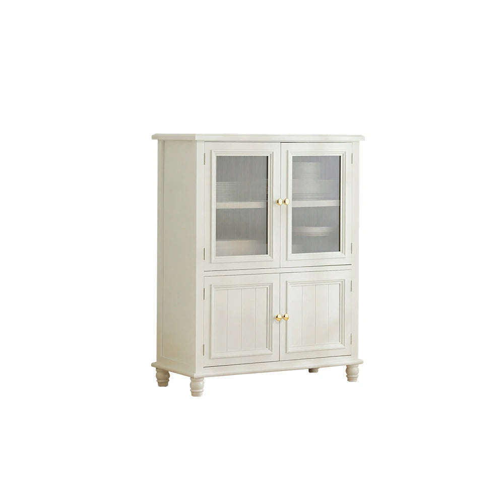 LIVARA Solid Wood Storage Side Cabinet with Fluted Glass Four Doors for Living Room Dining Room Entryway - White