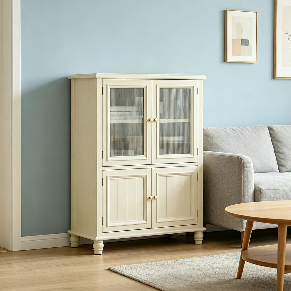 LIVARA Solid Wood Storage Side Cabinet with Fluted Glass Four Doors for Living Room Dining Room Entryway - Beige