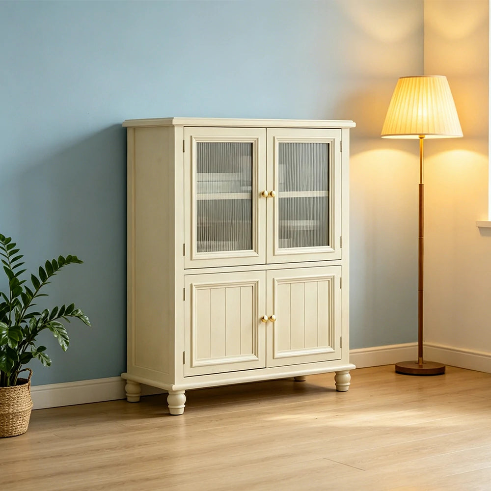 LIVARA Solid Wood Storage Side Cabinet with Fluted Glass Four Doors for Living Room Dining Room Entryway - Beige