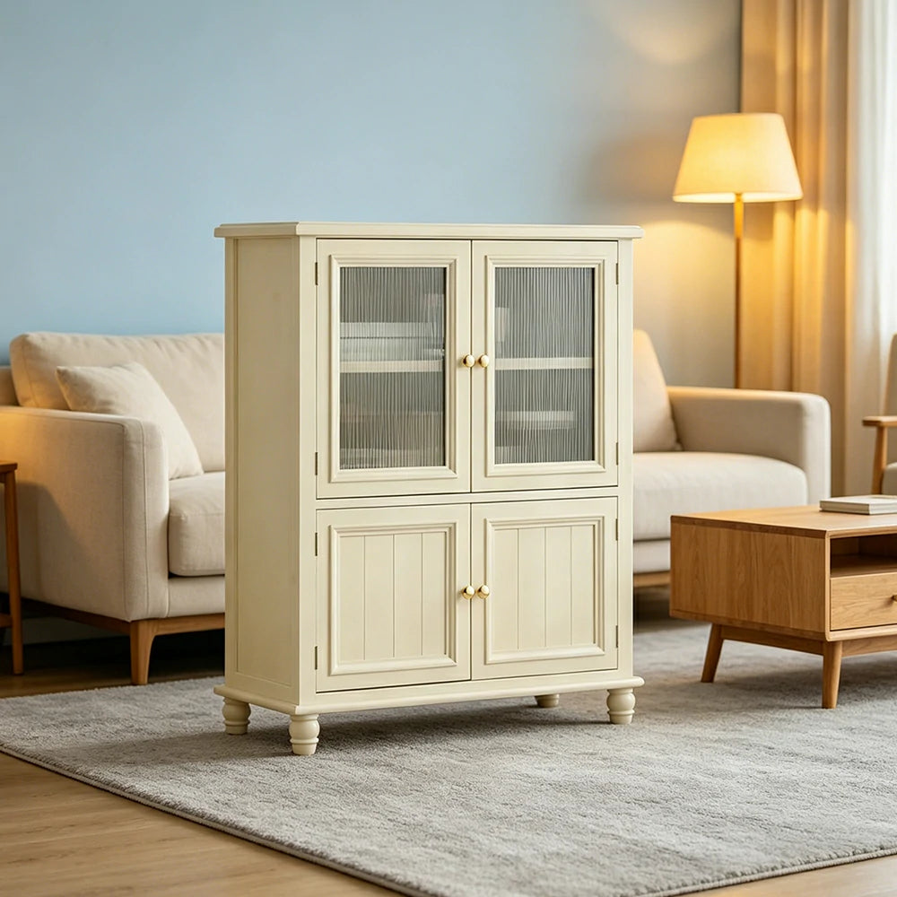 LIVARA Solid Wood Storage Side Cabinet with Fluted Glass Four Doors for Living Room Dining Room Entryway - Beige