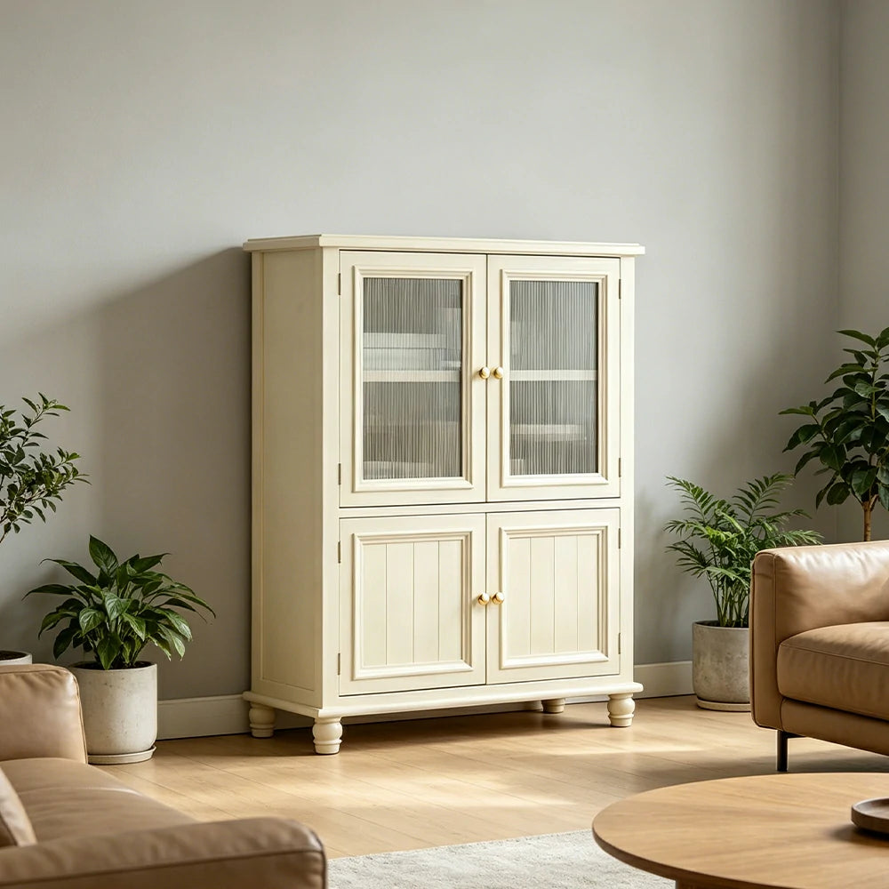 LIVARA Solid Wood Storage Side Cabinet with Fluted Glass Four Doors for Living Room Dining Room Entryway - Beige