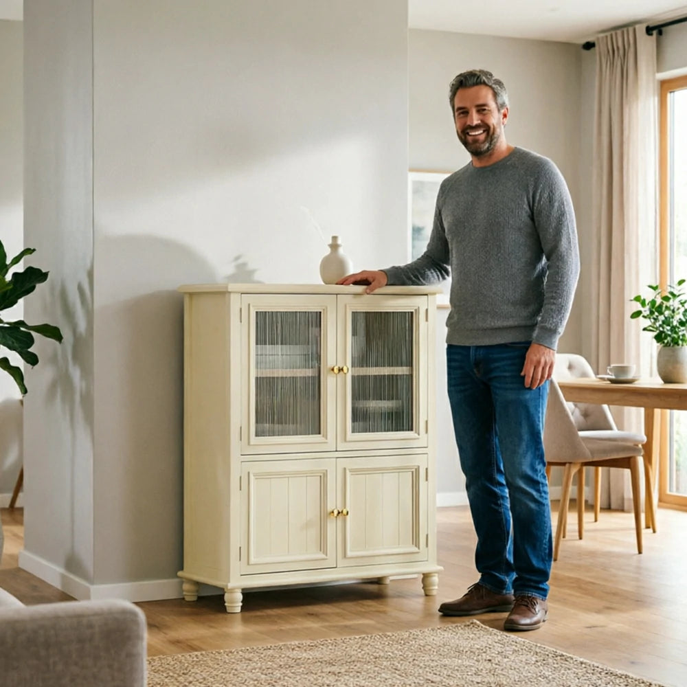 LIVARA Solid Wood Storage Side Cabinet with Fluted Glass Four Doors for Living Room Dining Room Entryway - Beige