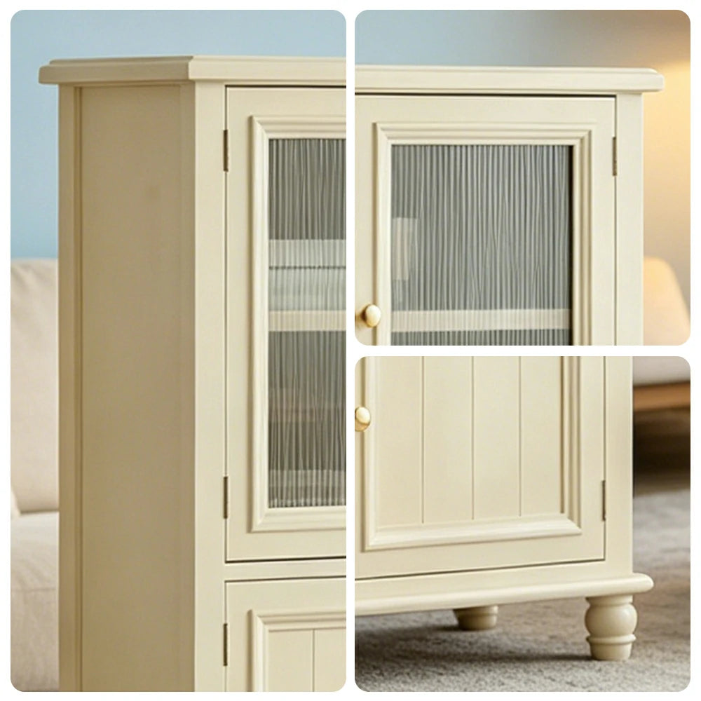 LIVARA Solid Wood Storage Side Cabinet with Fluted Glass Four Doors for Living Room Dining Room Entryway - Beige