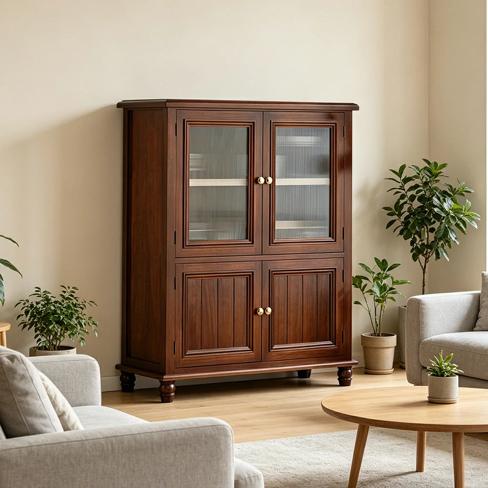 LIVARA Solid Wood Storage Side Cabinet with Fluted Glass Four Doors for Living Room Dining Room Entryway - Walnut