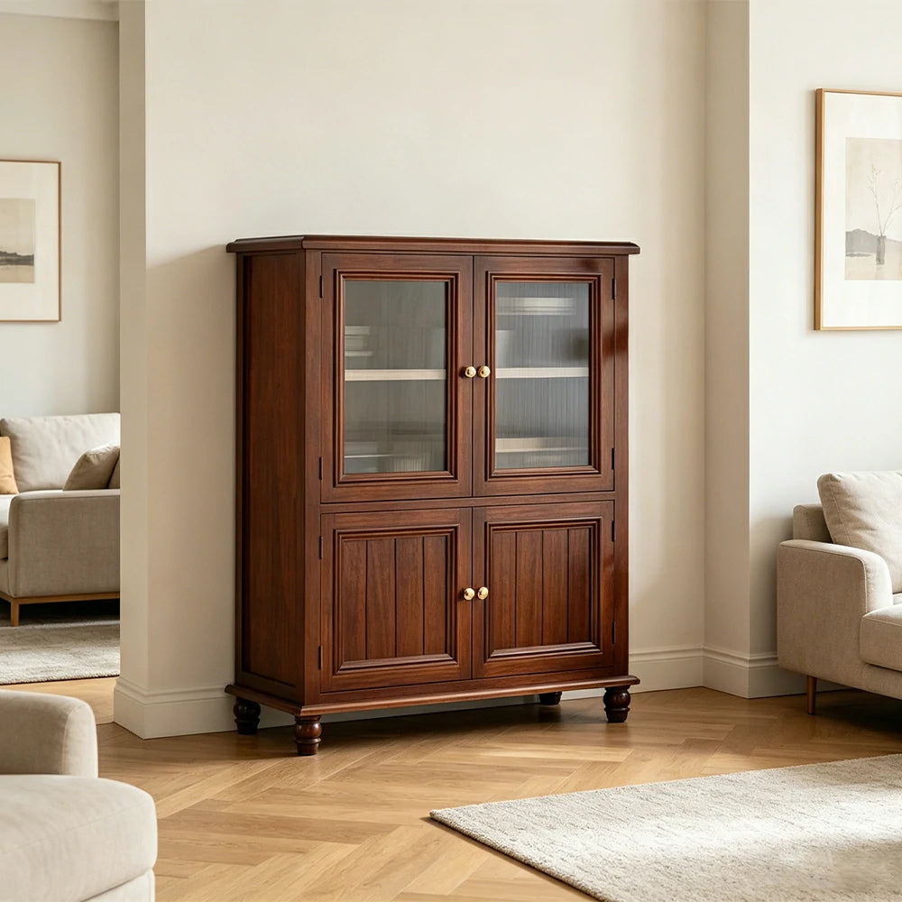 LIVARA Solid Wood Storage Side Cabinet with Fluted Glass Four Doors for Living Room Dining Room Entryway - Walnut