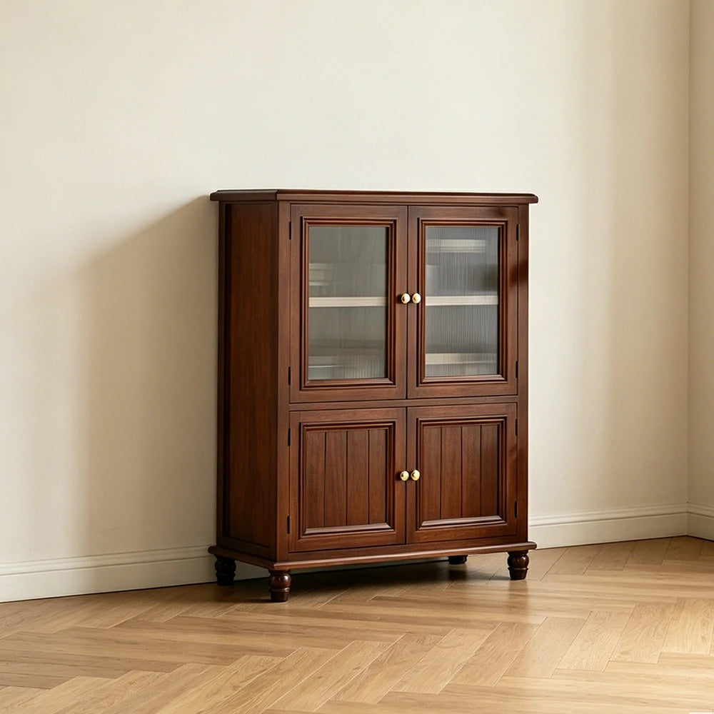 LIVARA Solid Wood Storage Side Cabinet with Fluted Glass Four Doors for Living Room Dining Room Entryway - Walnut