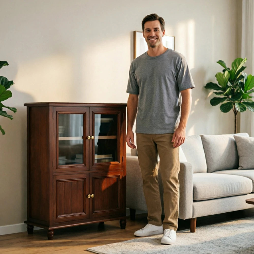 LIVARA Solid Wood Storage Side Cabinet with Fluted Glass Four Doors for Living Room Dining Room Entryway - Walnut