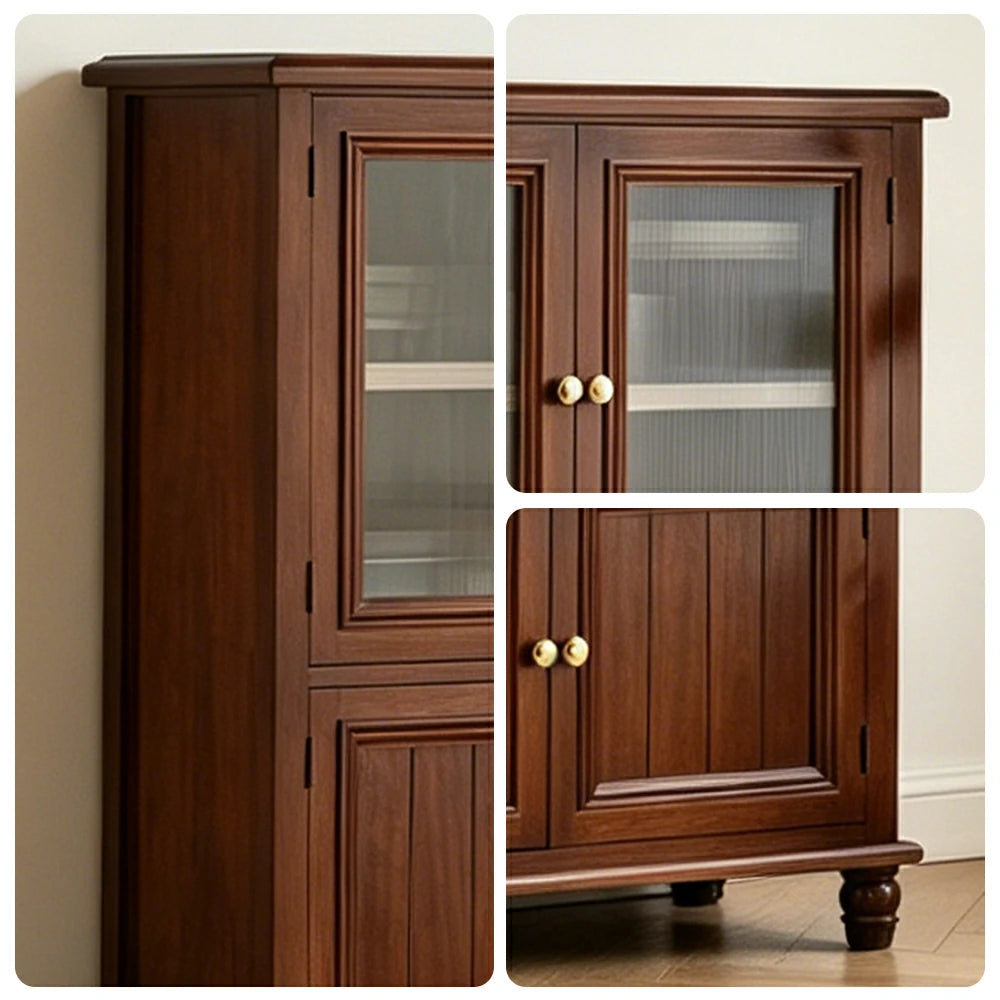LIVARA Solid Wood Storage Side Cabinet with Fluted Glass Four Doors for Living Room Dining Room Entryway - Walnut