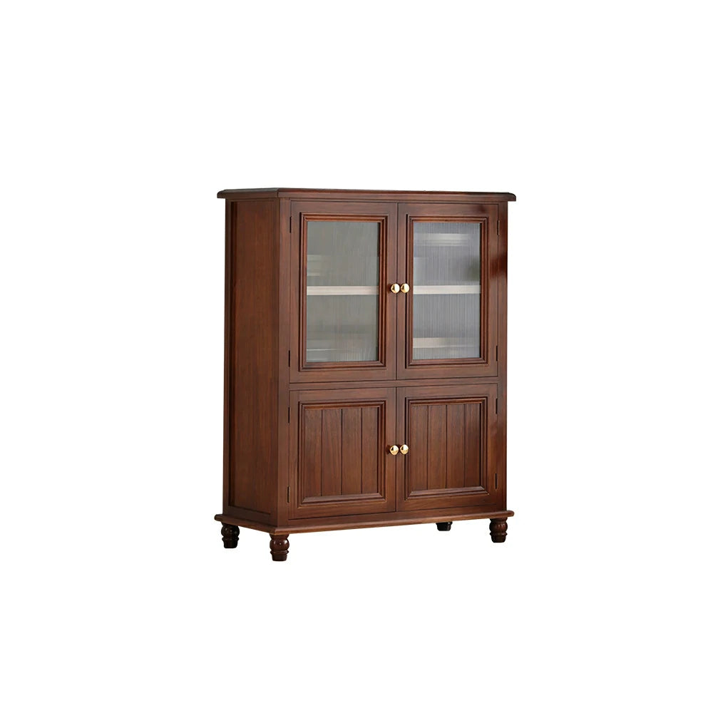 LIVARA Solid Wood Storage Side Cabinet with Fluted Glass Four Doors for Living Room Dining Room Entryway - Walnut