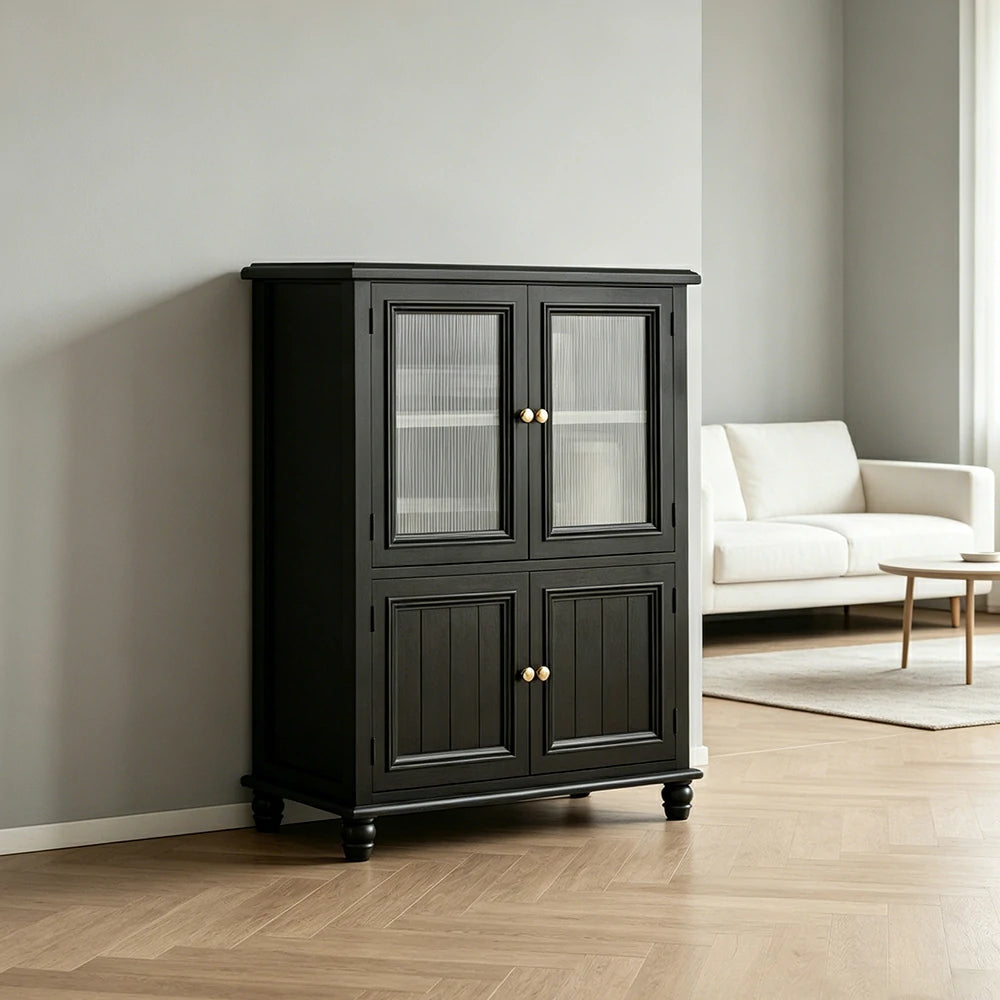 LIVARA Solid Wood Storage Side Cabinet with Fluted Glass Four Doors for Living Room Dining Room Entryway - Black