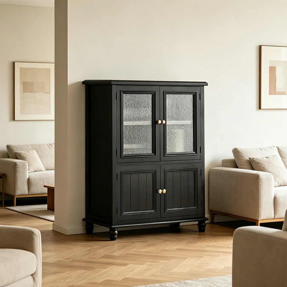 LIVARA Solid Wood Storage Side Cabinet with Fluted Glass Four Doors for Living Room Dining Room Entryway - Black