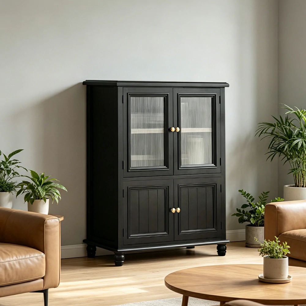 LIVARA Solid Wood Storage Side Cabinet with Fluted Glass Four Doors for Living Room Dining Room Entryway - Black