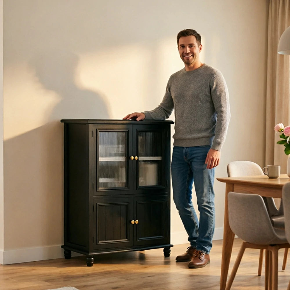 LIVARA Solid Wood Storage Side Cabinet with Fluted Glass Four Doors for Living Room Dining Room Entryway - Black