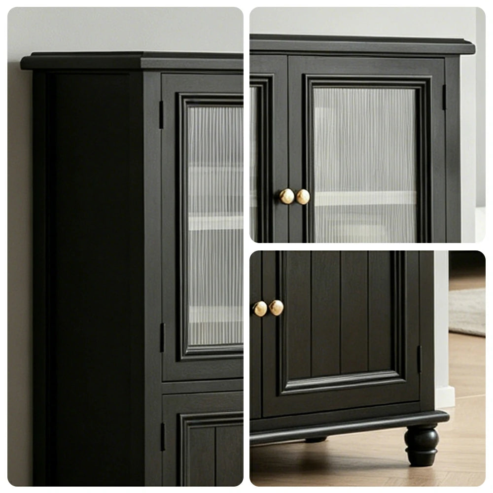 LIVARA Solid Wood Storage Side Cabinet with Fluted Glass Four Doors for Living Room Dining Room Entryway - Black