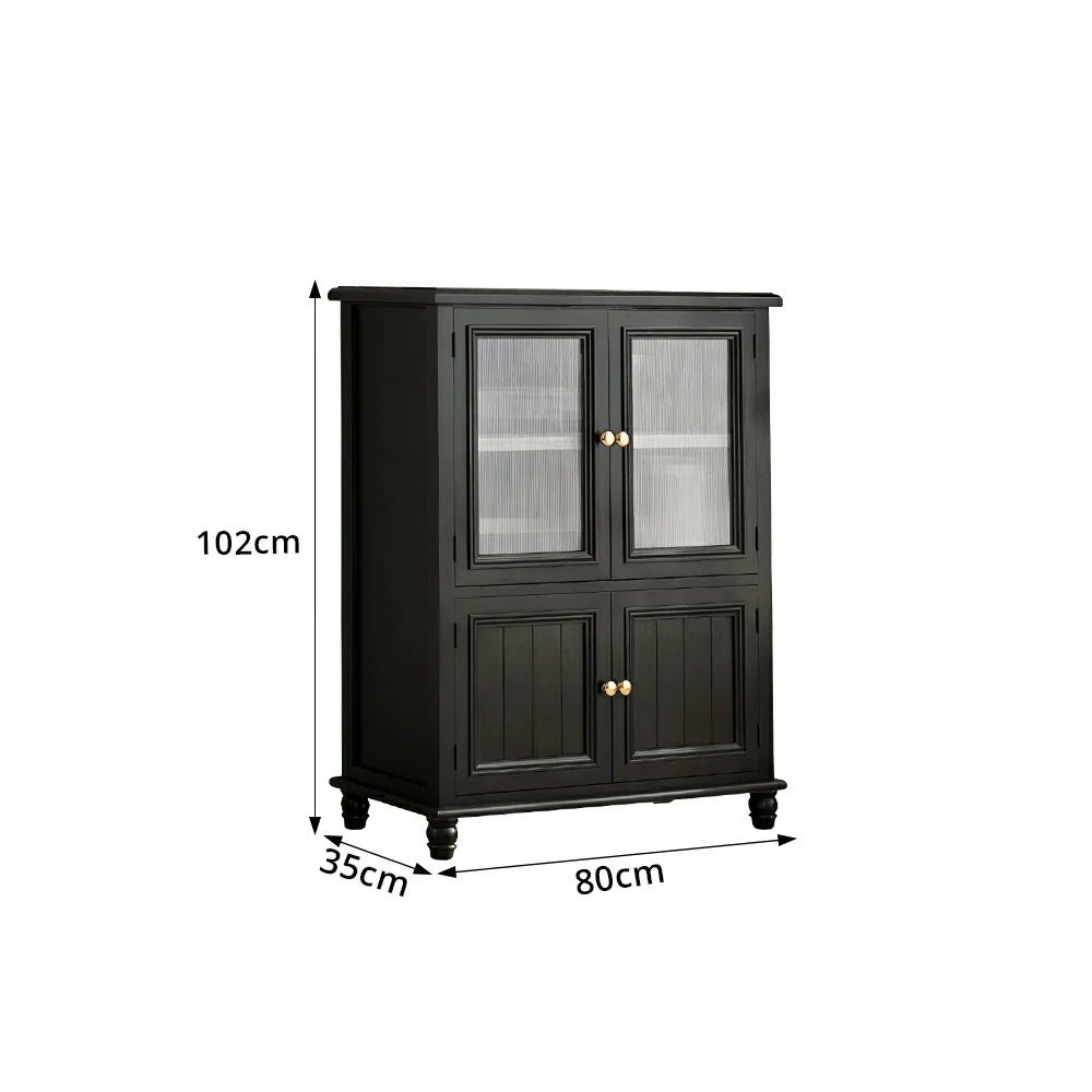 LIVARA Solid Wood Storage Side Cabinet with Fluted Glass Four Doors for Living Room Dining Room Entryway - Black