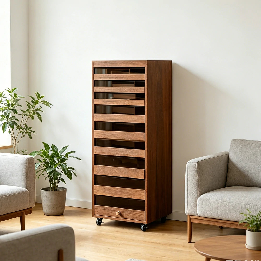 LIVARA Solid Wood Multi-Drawer Storage Cabinet with Wheels for Living Room Tea Room Dining Area