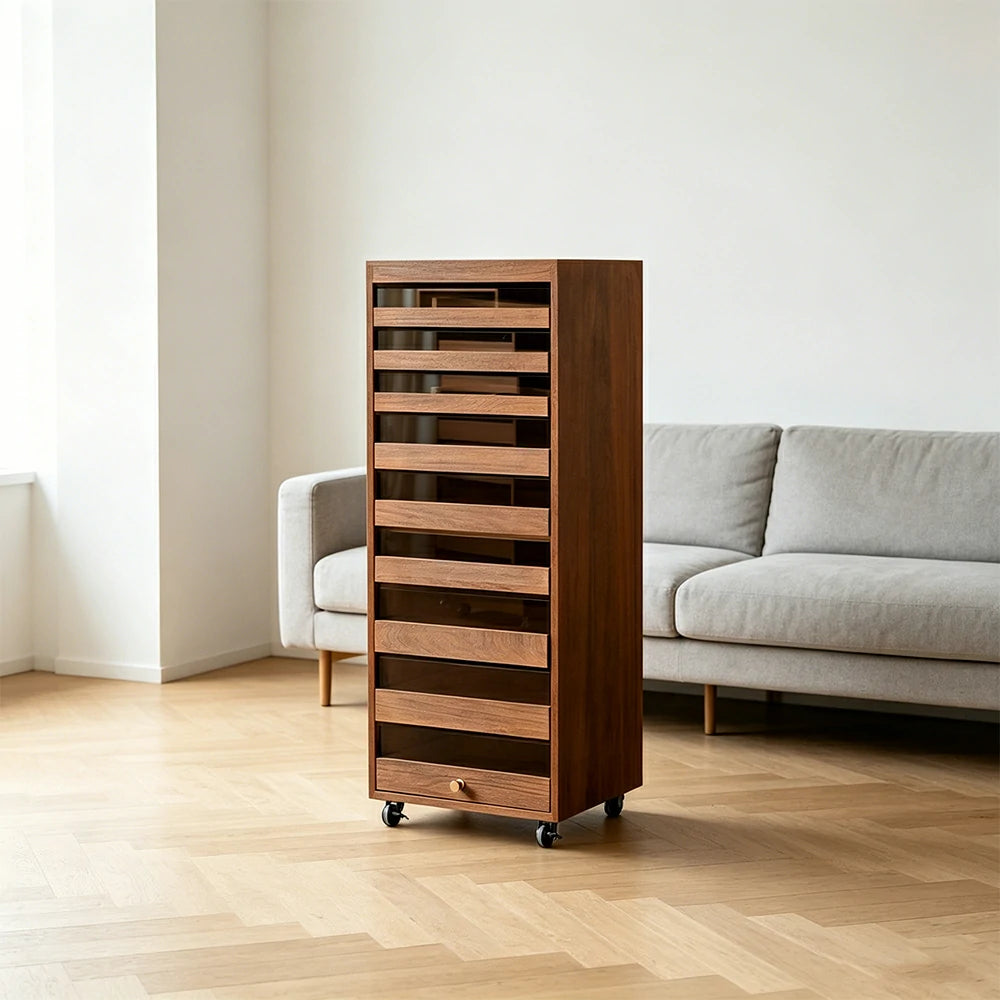 LIVARA Solid Wood Multi-Drawer Storage Cabinet with Wheels for Living Room Tea Room Dining Area