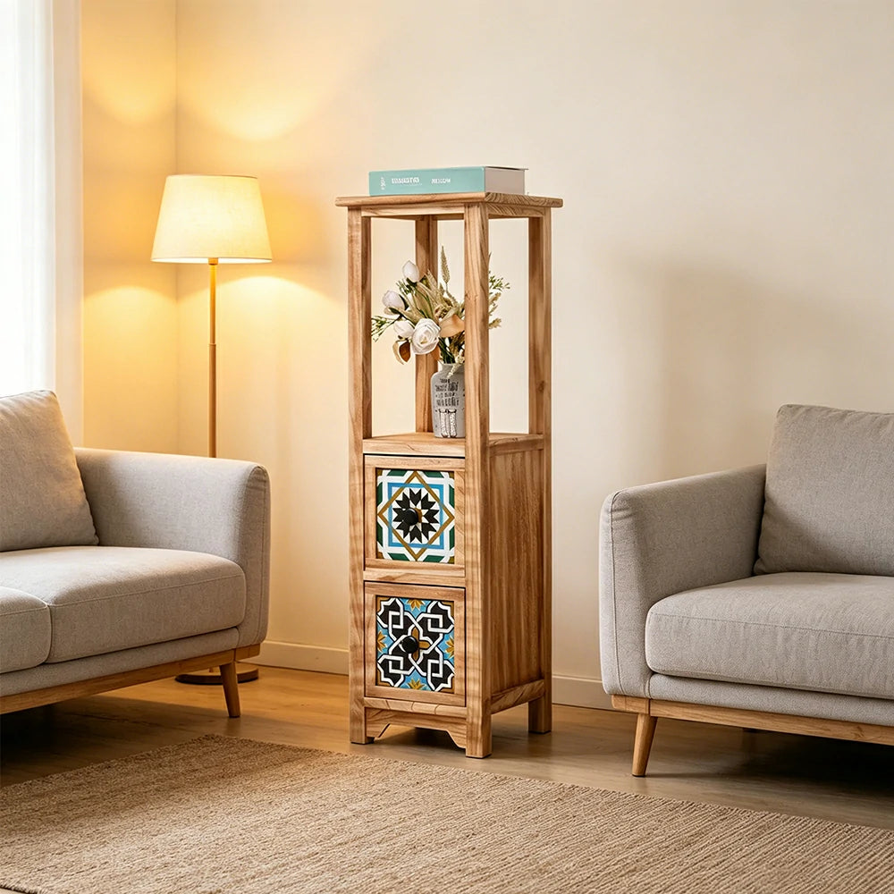 LIVARA Solid Wood Plant Storage Rack Narrow Display Storage with Two Drawers for Living Room Bedroom Entryway - Wood