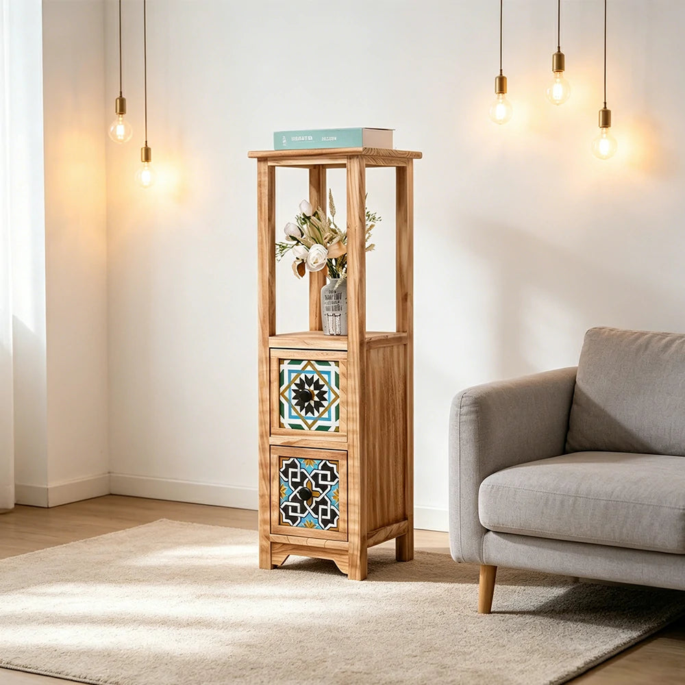 LIVARA Solid Wood Plant Storage Rack Narrow Display Storage with Two Drawers for Living Room Bedroom Entryway - Wood