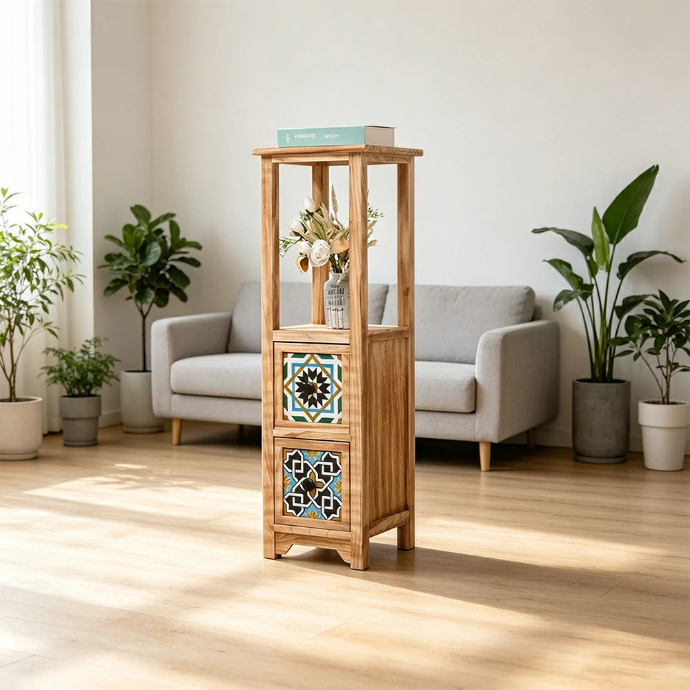 LIVARA Solid Wood Plant Storage Rack Narrow Display Storage with Two Drawers for Living Room Bedroom Entryway - Wood