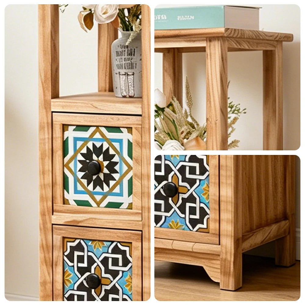 LIVARA Solid Wood Plant Storage Rack Narrow Display Storage with Two Drawers for Living Room Bedroom Entryway - Wood