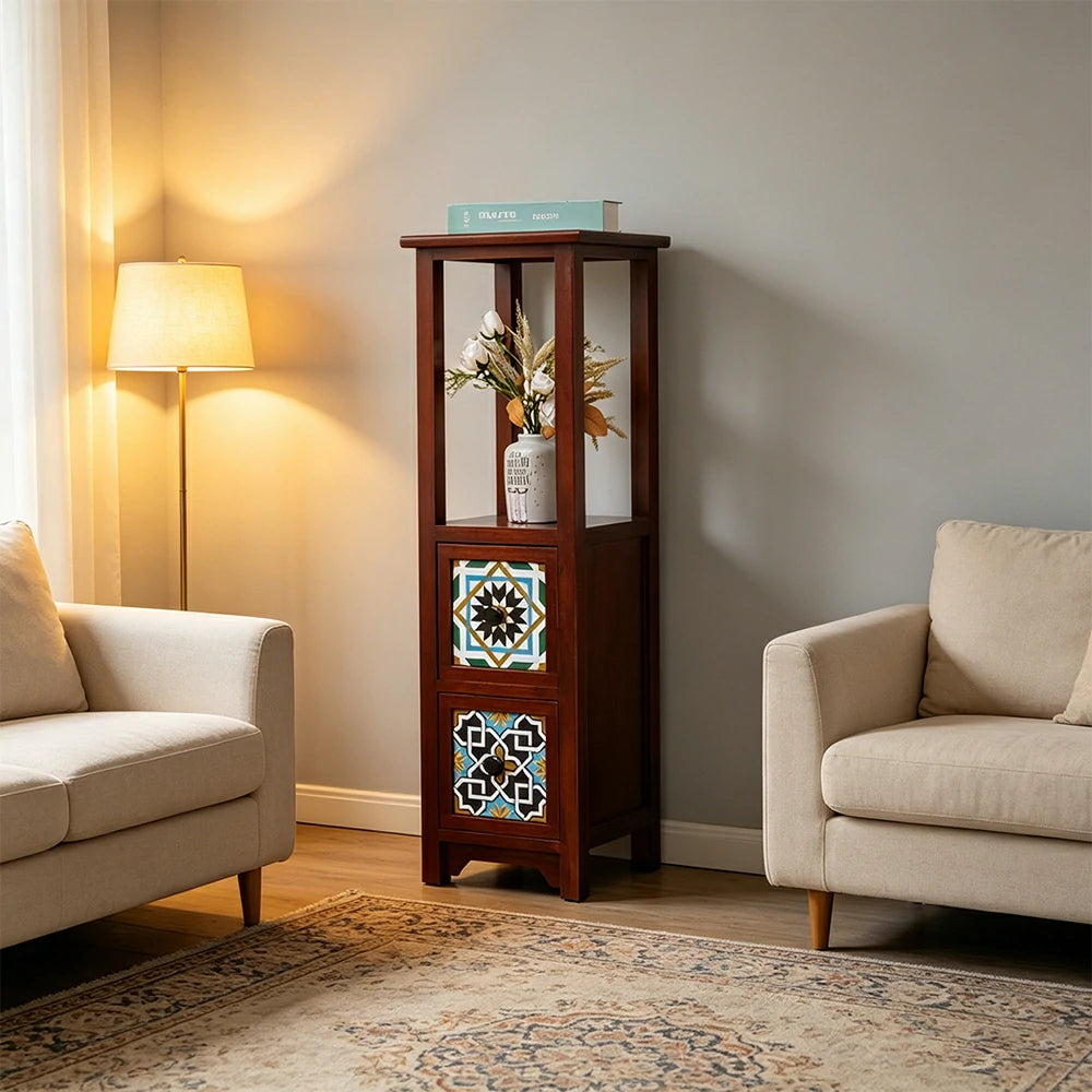 LIVARA Solid Wood Plant Storage Rack Narrow Display Storage with Two Drawers for Living Room Bedroom Entryway - Walnut
