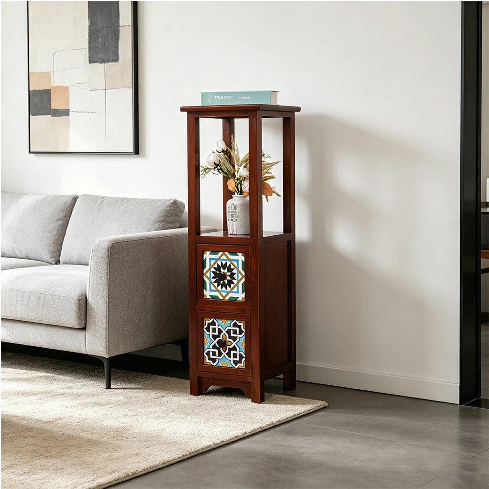 LIVARA Solid Wood Plant Storage Rack Narrow Display Storage with Two Drawers for Living Room Bedroom Entryway - Walnut