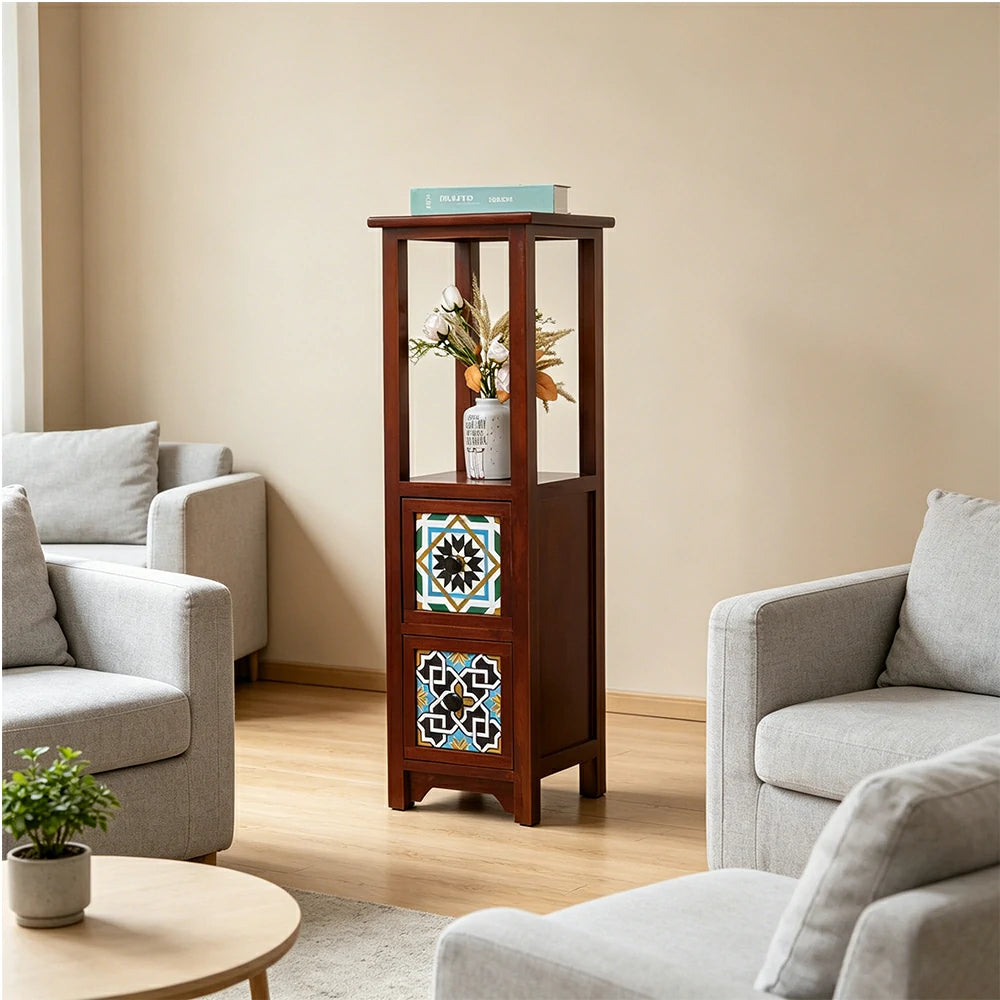 LIVARA Solid Wood Plant Storage Rack Narrow Display Storage with Two Drawers for Living Room Bedroom Entryway - Walnut