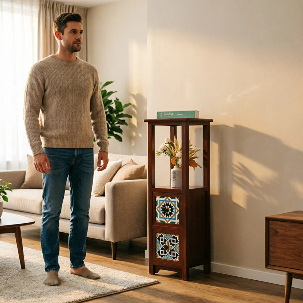 LIVARA Solid Wood Plant Storage Rack Narrow Display Storage with Two Drawers for Living Room Bedroom Entryway - Walnut