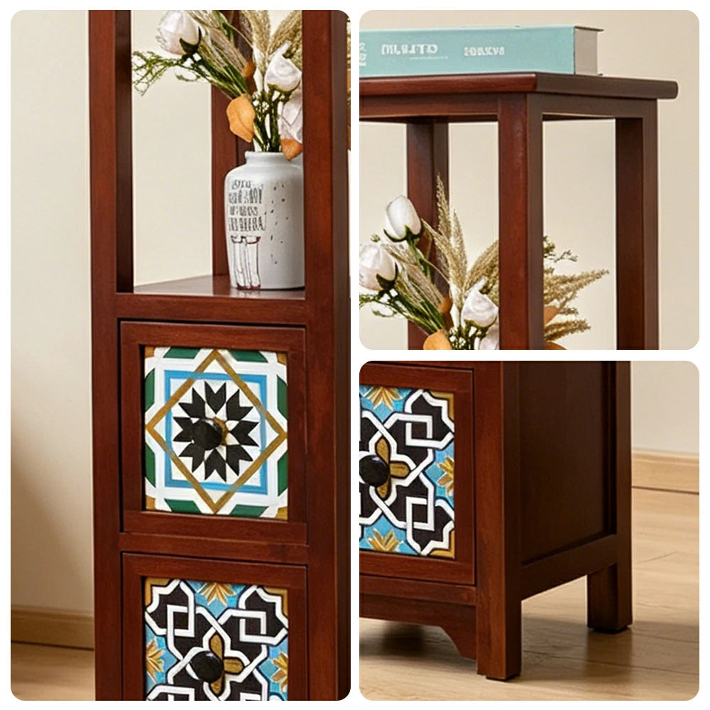 LIVARA Solid Wood Plant Storage Rack Narrow Display Storage with Two Drawers for Living Room Bedroom Entryway - Walnut