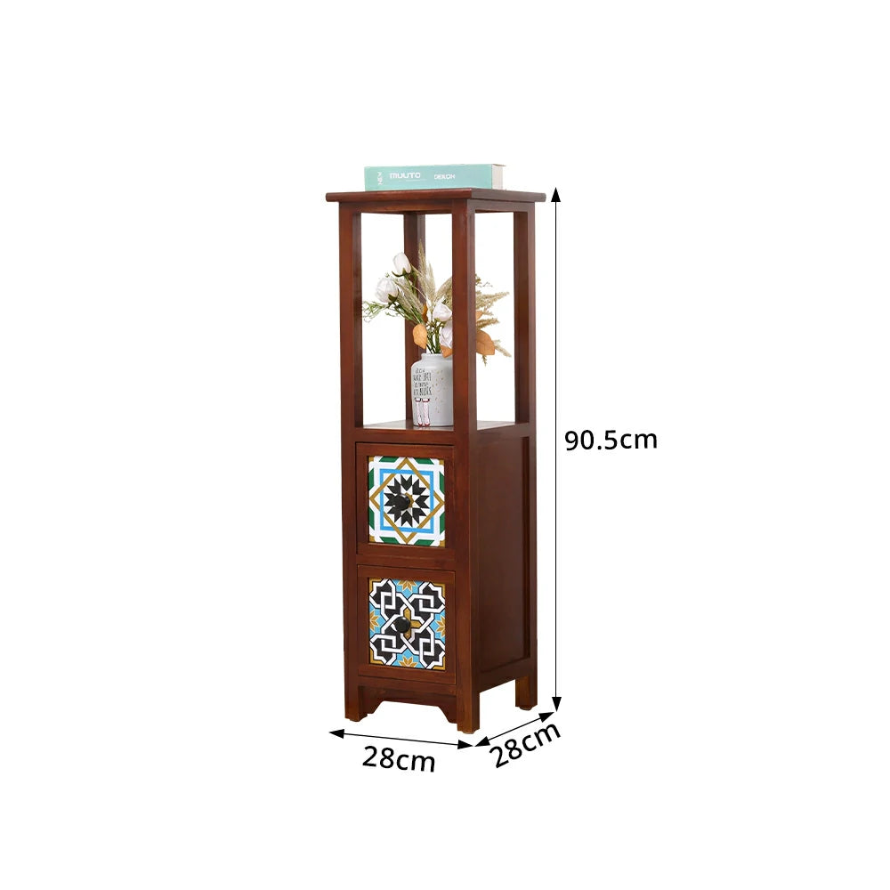 LIVARA Solid Wood Plant Storage Rack Narrow Display Storage with Two Drawers for Living Room Bedroom Entryway - Walnut