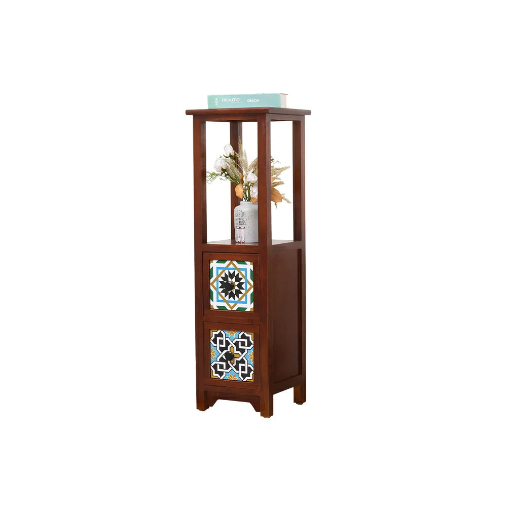 LIVARA Solid Wood Plant Storage Rack Narrow Display Storage with Two Drawers for Living Room Bedroom Entryway - Walnut