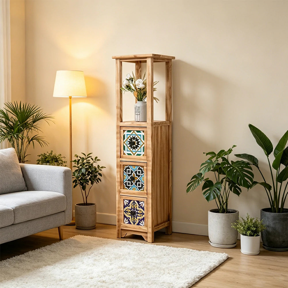 LIVARA Solid Wood Plant Storage Rack Narrow Display Storage with Three Drawers for Living Room Bedroom Entryway - Wood