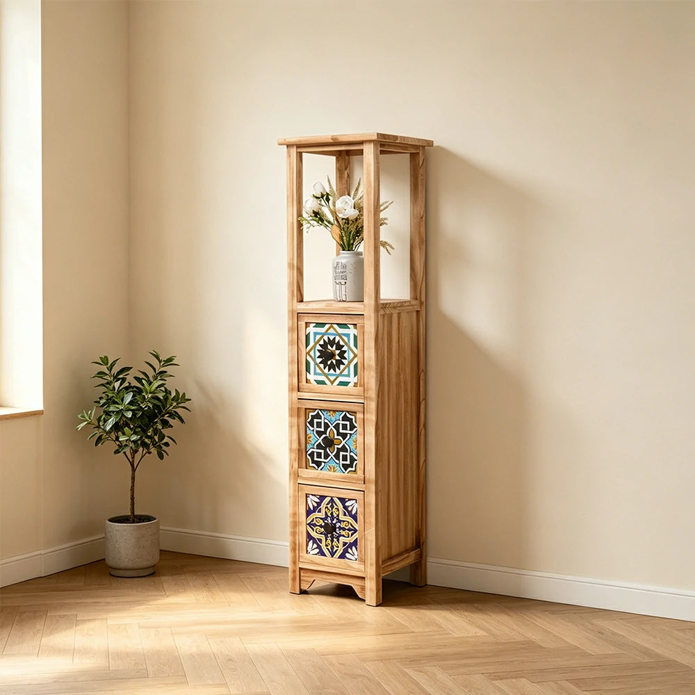 LIVARA Solid Wood Plant Storage Rack Narrow Display Storage with Three Drawers for Living Room Bedroom Entryway - Wood