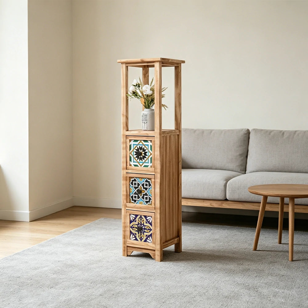 LIVARA Solid Wood Plant Storage Rack Narrow Display Storage with Three Drawers for Living Room Bedroom Entryway - Wood