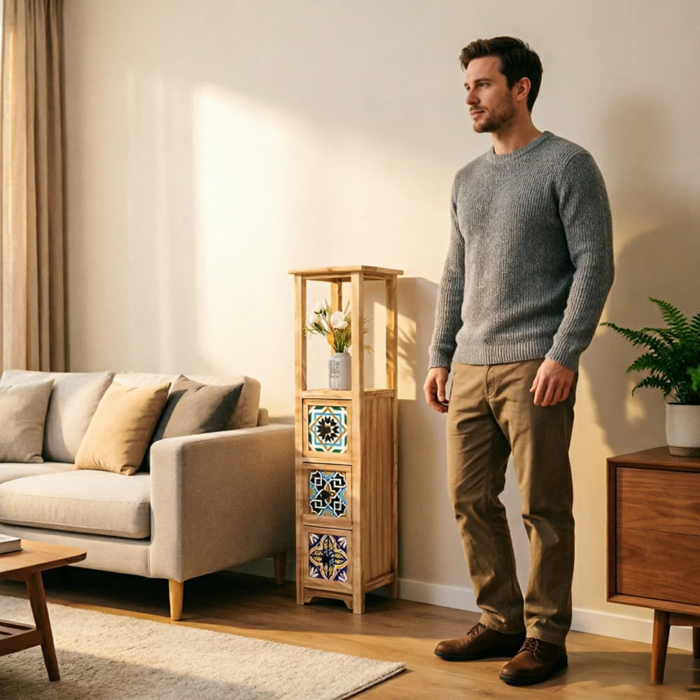 LIVARA Solid Wood Plant Storage Rack Narrow Display Storage with Three Drawers for Living Room Bedroom Entryway - Wood