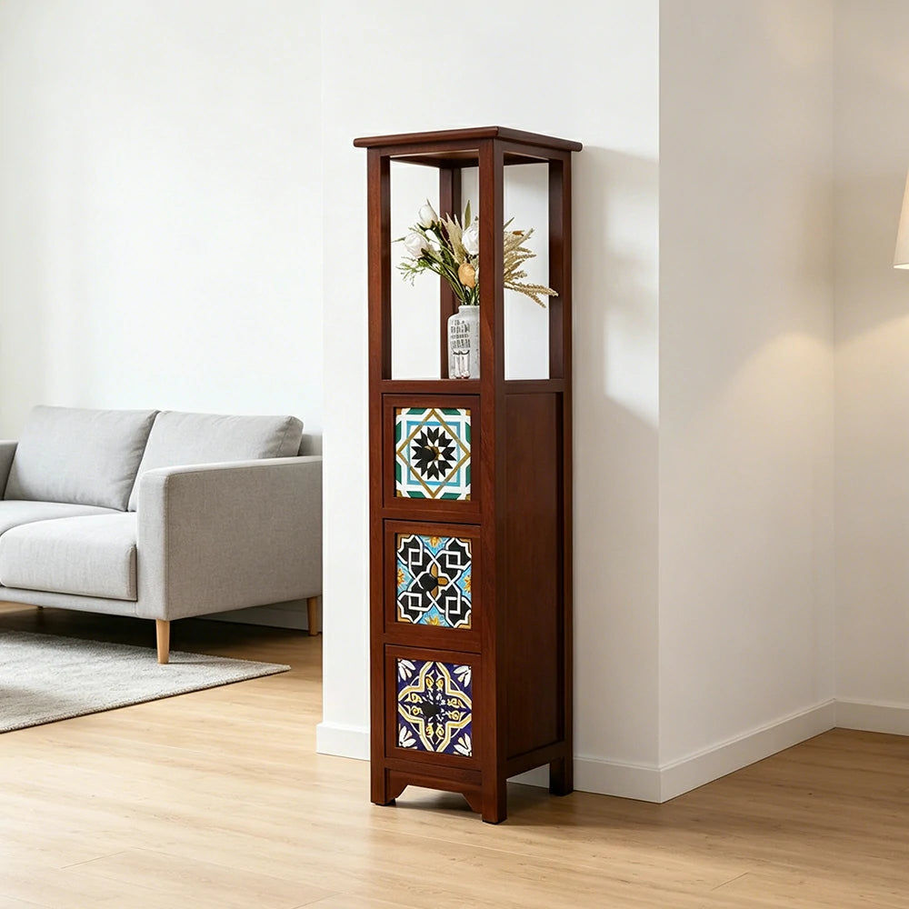 LIVARA Solid Wood Plant Storage Rack Narrow Display Storage with Three Drawers for Living Room Bedroom Entryway - Walnut